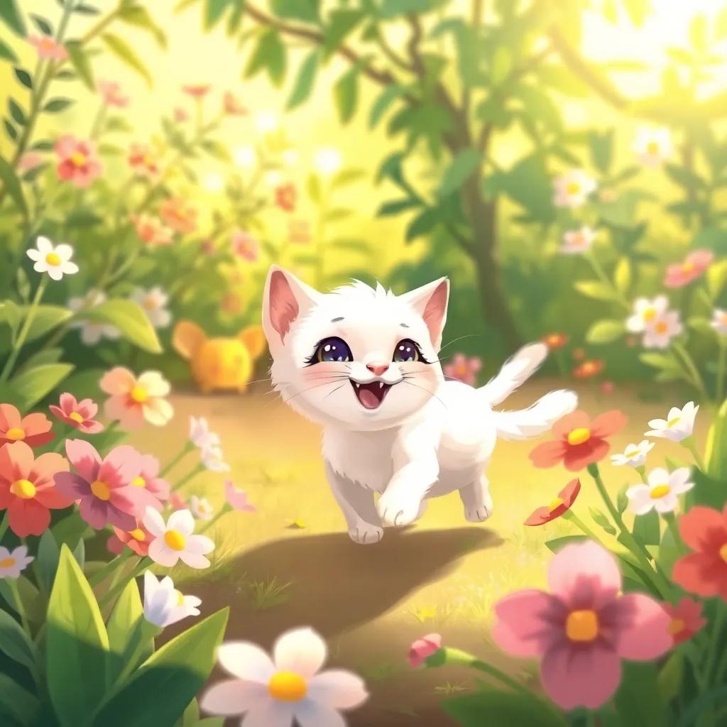 A small white cat named Pearl, playing happily in a lush garden with flowers, digital art, cheerful colors, warm sunlight, inviting atmosphere, high quality