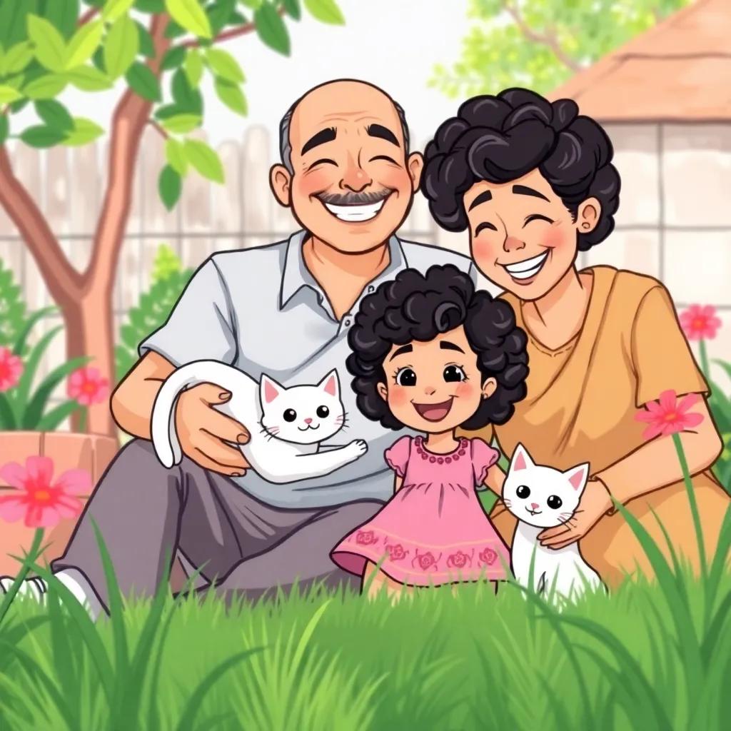 A joyful family scene with a young girl named Mariam, who has curly black hair, wearing a cheerful dress, playing with Pearl the white cat, with their father Ali, a Middle-Eastern man smiling, wearing casual clothes, together in a sunny garden, bright and colorful, family-oriented, high quality