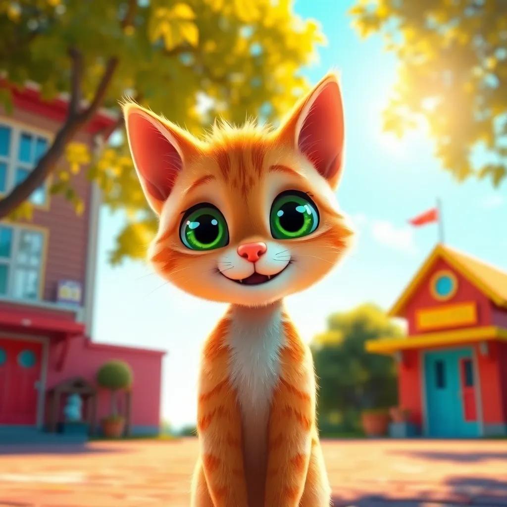 A curious cat, Bob, with soft orange fur and big green eyes, standing in front of a colorful school, smiling, warm sunlight, cheerful atmosphere, digital art, engaging, vibrant colors, high quality