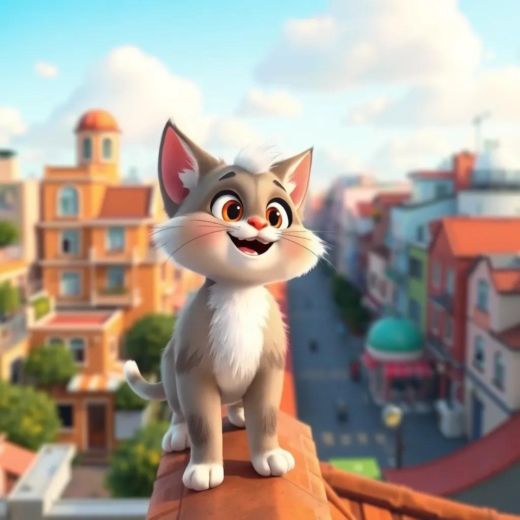 A playful cat, Tartoore, with fluffy fur and bright eyes, standing on a rooftop looking at the street below, lively atmosphere, colorful city background, cheerful, cartoonish style