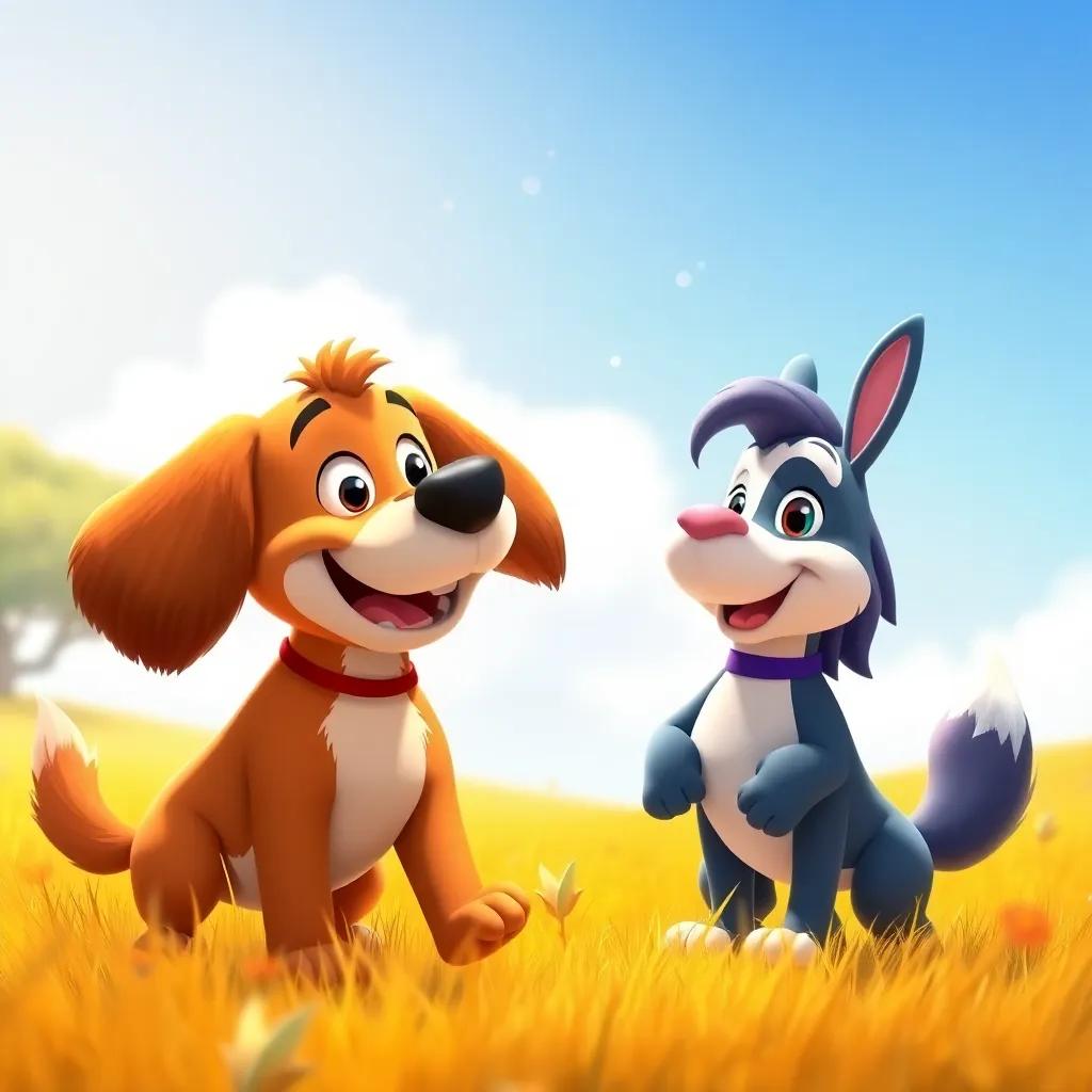 A happy dog, Falhos, with floppy ears and a wagging tail, encouraging Tartoore to join him for an adventure in a sunny field, vibrant colors, playful scene, fun and engaging