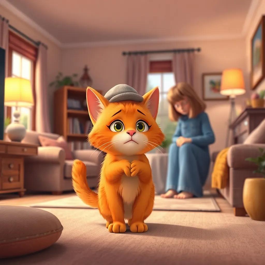 A small talking cat named Mishmash, with fluffy orange fur, wearing a little hat, looking concerned while standing in front of his sad mother in a cozy living room, digital art, bright colors, warm and inviting atmosphere, high quality