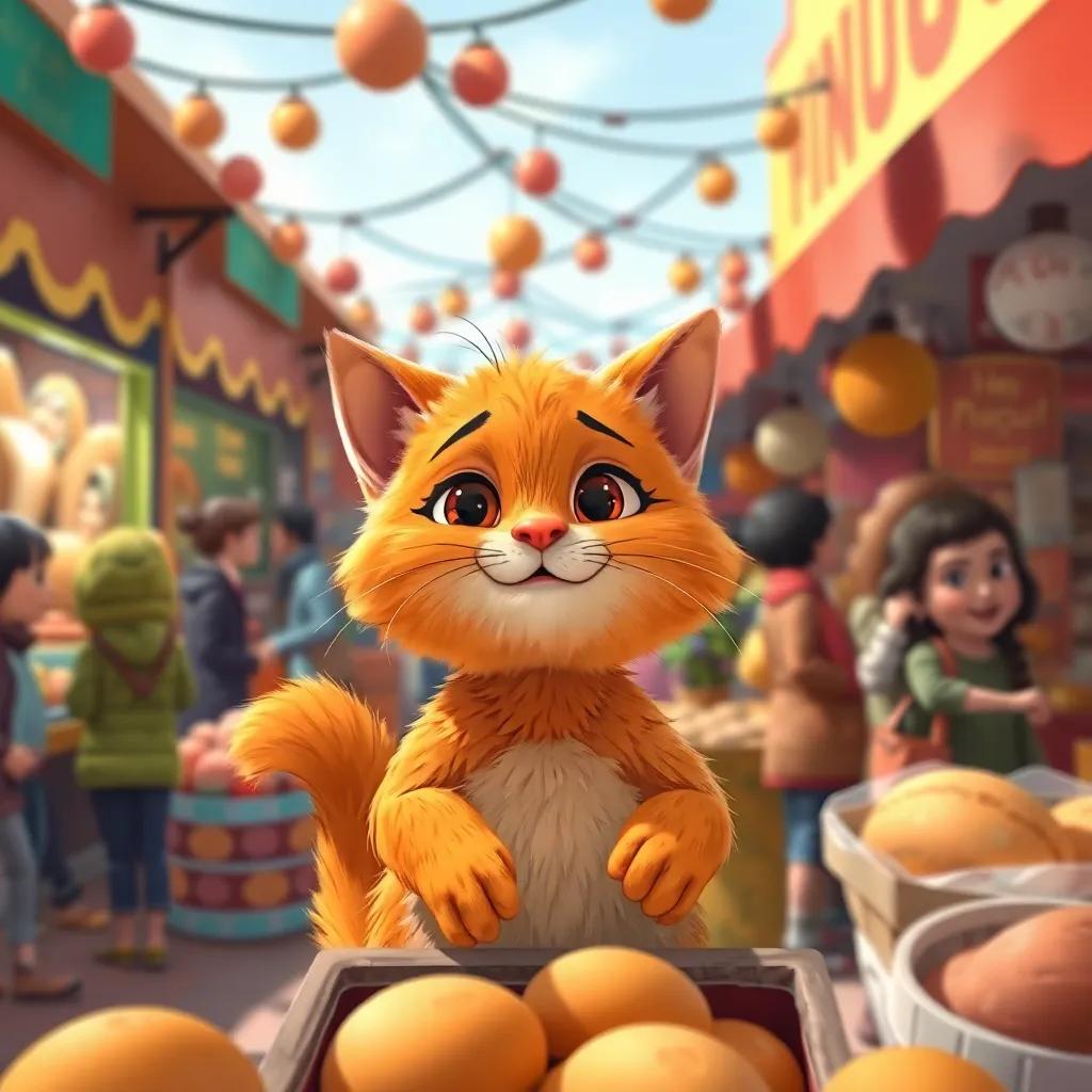 Mishmash, the small talking cat with fluffy orange fur, selling bread in a bustling market, surrounded by happy customers and colorful stalls, cheerful atmosphere, illustration, child-friendly, vivid details, high quality