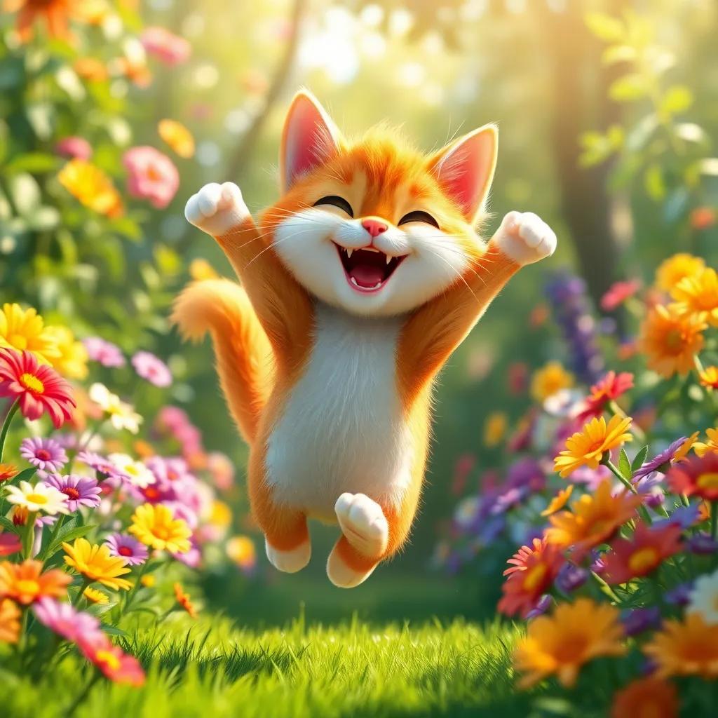 A cheerful cat, Mims, with fluffy orange fur, jumping joyfully in a lush green garden filled with colorful flowers, sunlight shining down, digital art, vibrant colors, playful atmosphere, high quality