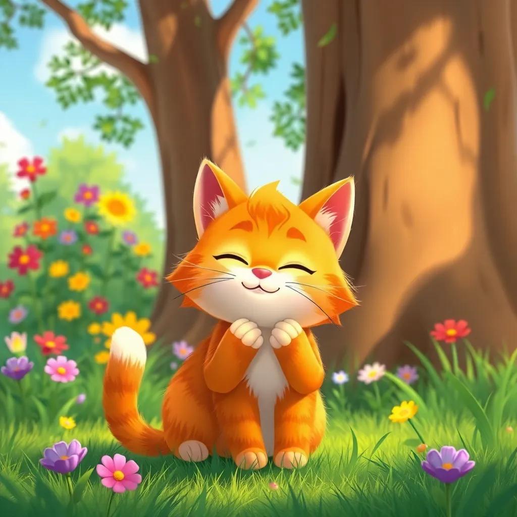 A playful cat, Mims, with fluffy orange fur, counting with closed eyes while colorful flowers peek out from behind large trees, sunny day in the garden, illustration, fun and engaging, whimsical