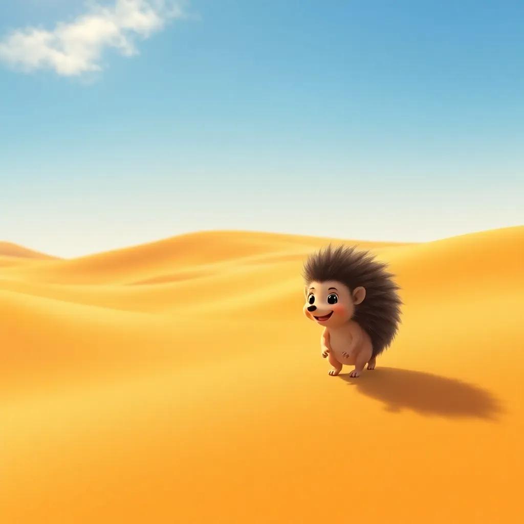 A small hedgehog named Badi, wandering through a vast desert with golden sand, under a bright blue sky, digital art, cheerful atmosphere, warm colors, high quality, child-friendly