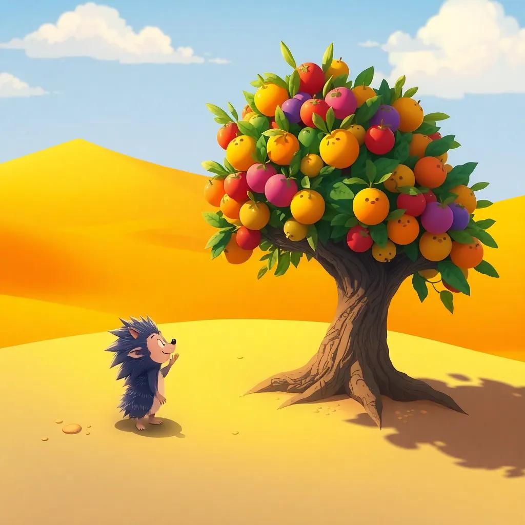 Badi, the hedgehog, finds a rare tree with colorful fruits in the desert, surrounded by golden sand dunes, illustration, vibrant colors, inviting, detailed scene