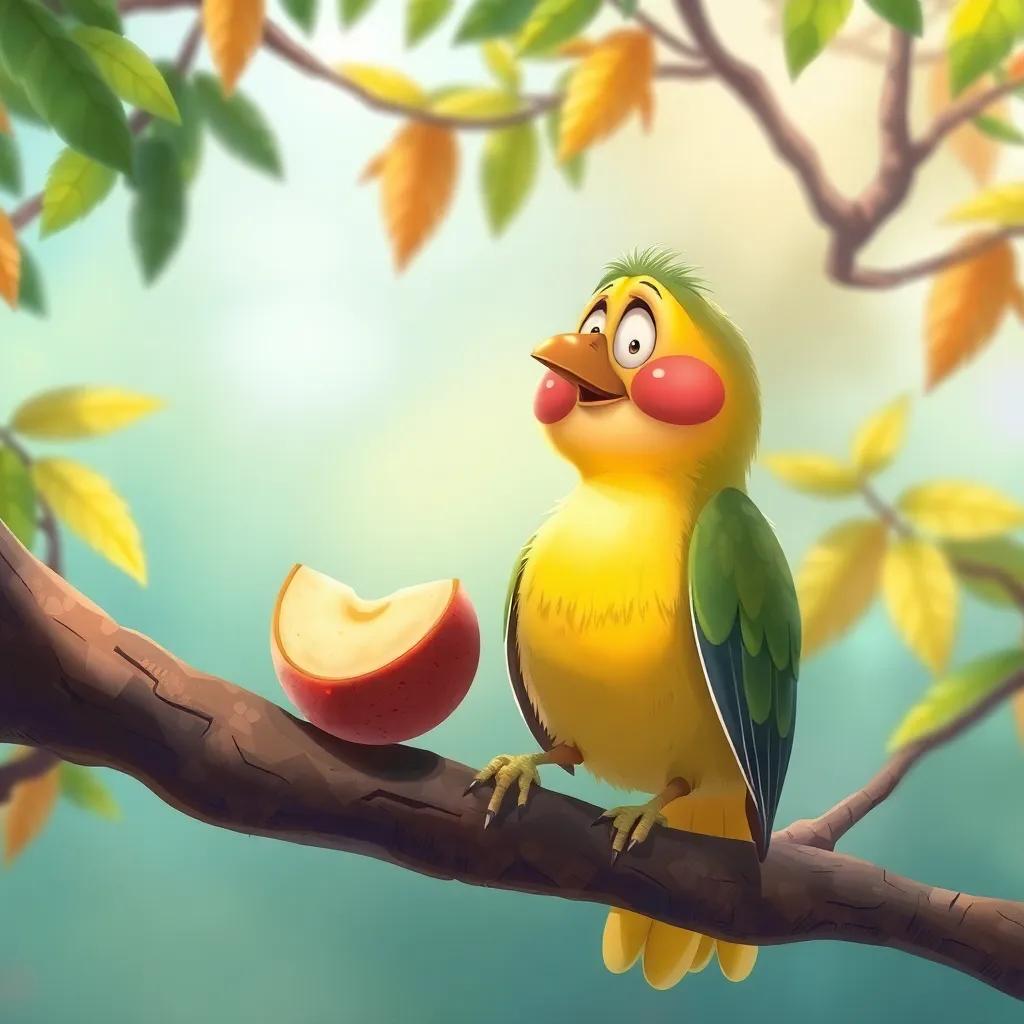 An old bird watching Badi eat, with a curious expression, sitting on a branch of the rare tree, colorful background, whimsical, friendly vibe, digital painting