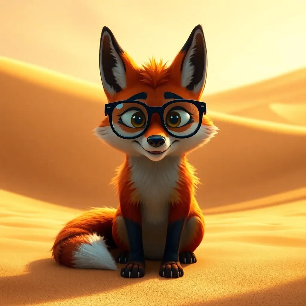 The wise fox with big glasses, the sage of the dunes, welcoming Badi in a shaded area of the sand dunes, wisdom in its expression, warm sunlight, inviting setting, highly detailed, storytelling art