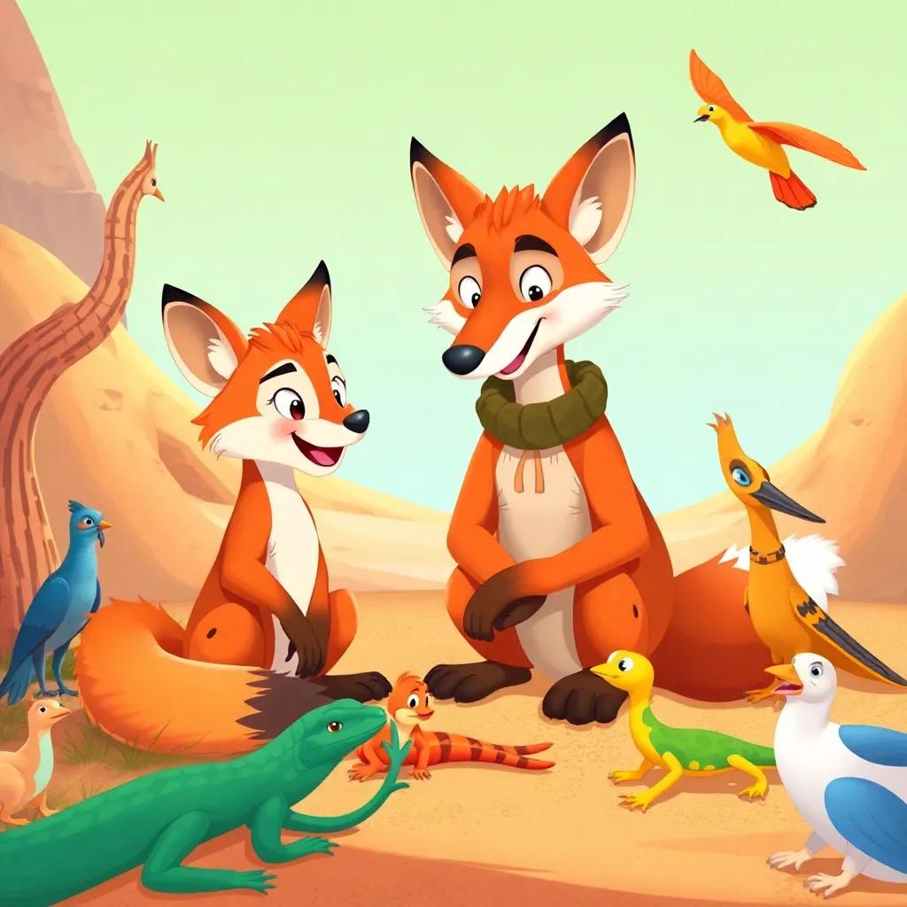 Badi happily learning from the wise fox, surrounded by desert animals, such as lizards and birds, vibrant colors, friendly, educational illustration