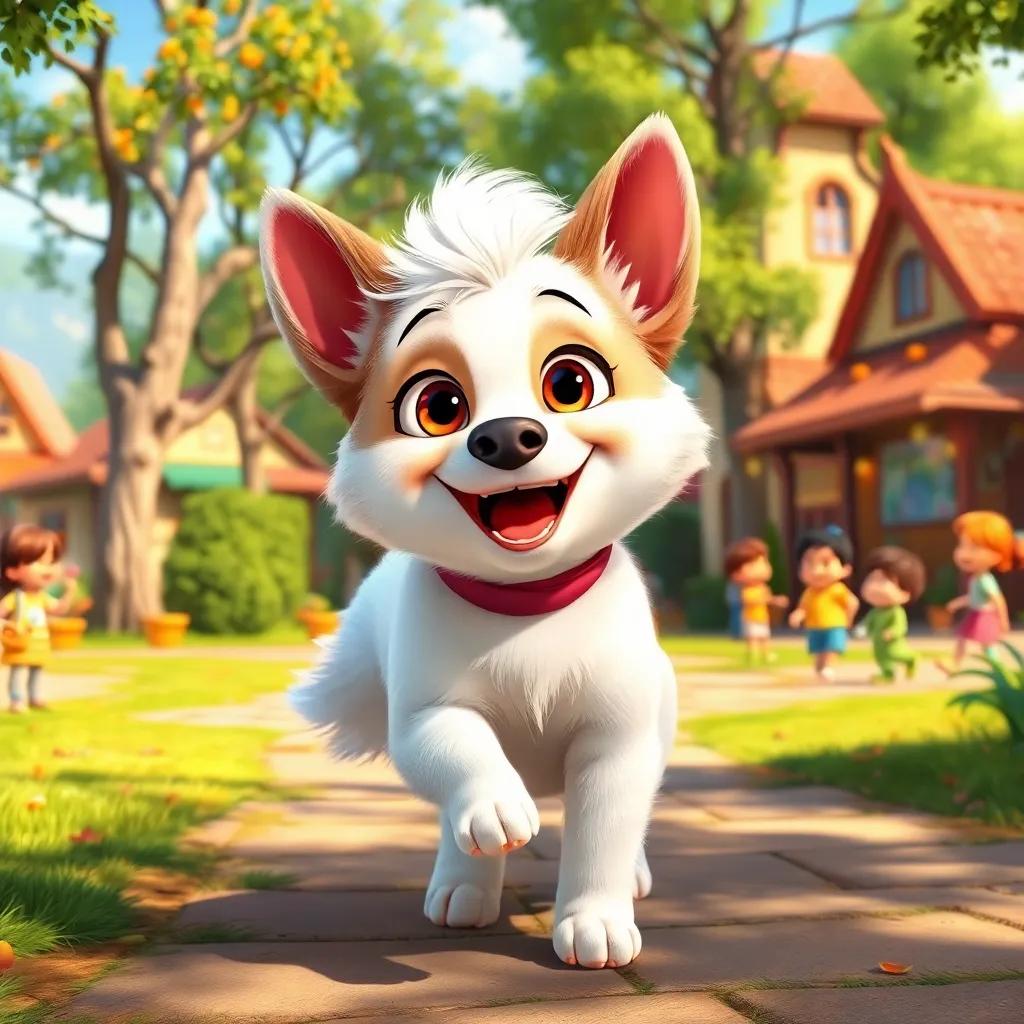 A joyful dog named Amoo with fluffy white fur and bright eyes playing in a small village park filled with children, sunny and colorful, cheerful atmosphere, digital art, vibrant colors, high quality