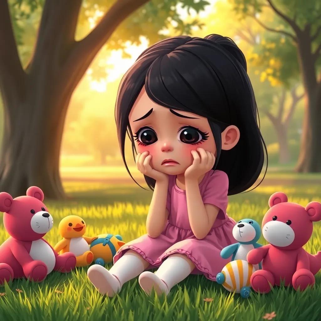 A sobbing girl named Noura with long dark hair and wearing a pink dress, sitting on the grass in a park, surrounded by toys, expressing sadness, detailed illustration, warm light, emotional