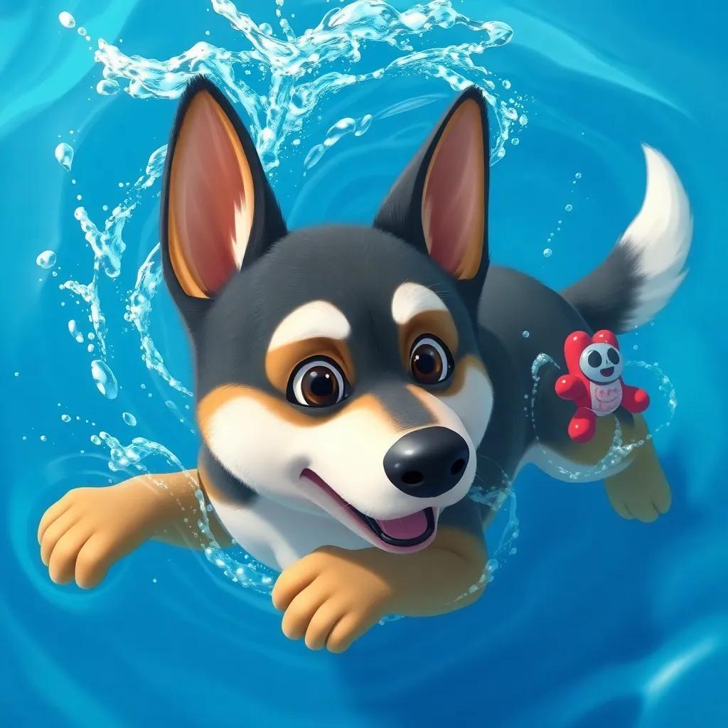 A brave dog named Amoo swimming in a clear blue pond, looking determined, with splashes of water around him, a red toy visible underwater, digital painting, realistic, adventure-themed