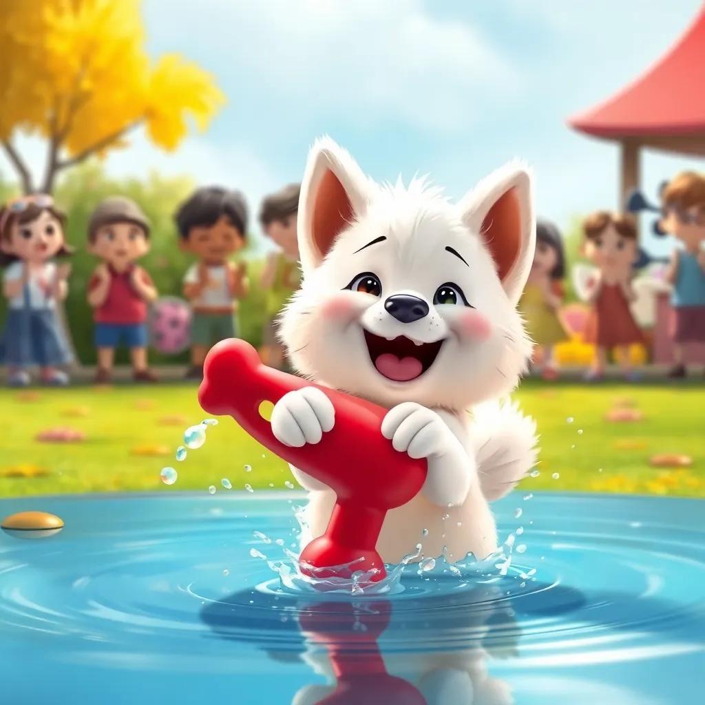 Amoo, the white fluffy dog, joyfully retrieving a red toy from the pond, water droplets on his fur, children cheering in the background, vibrant colors, exciting moment, high quality