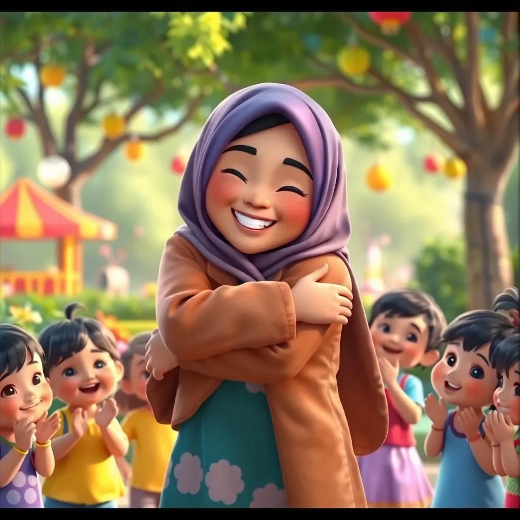 Noura beaming with happiness, hugging Amoo, with a bright smile on her face, surrounded by children clapping, colorful park, heartwarming scene, digital art, uplifting atmosphere