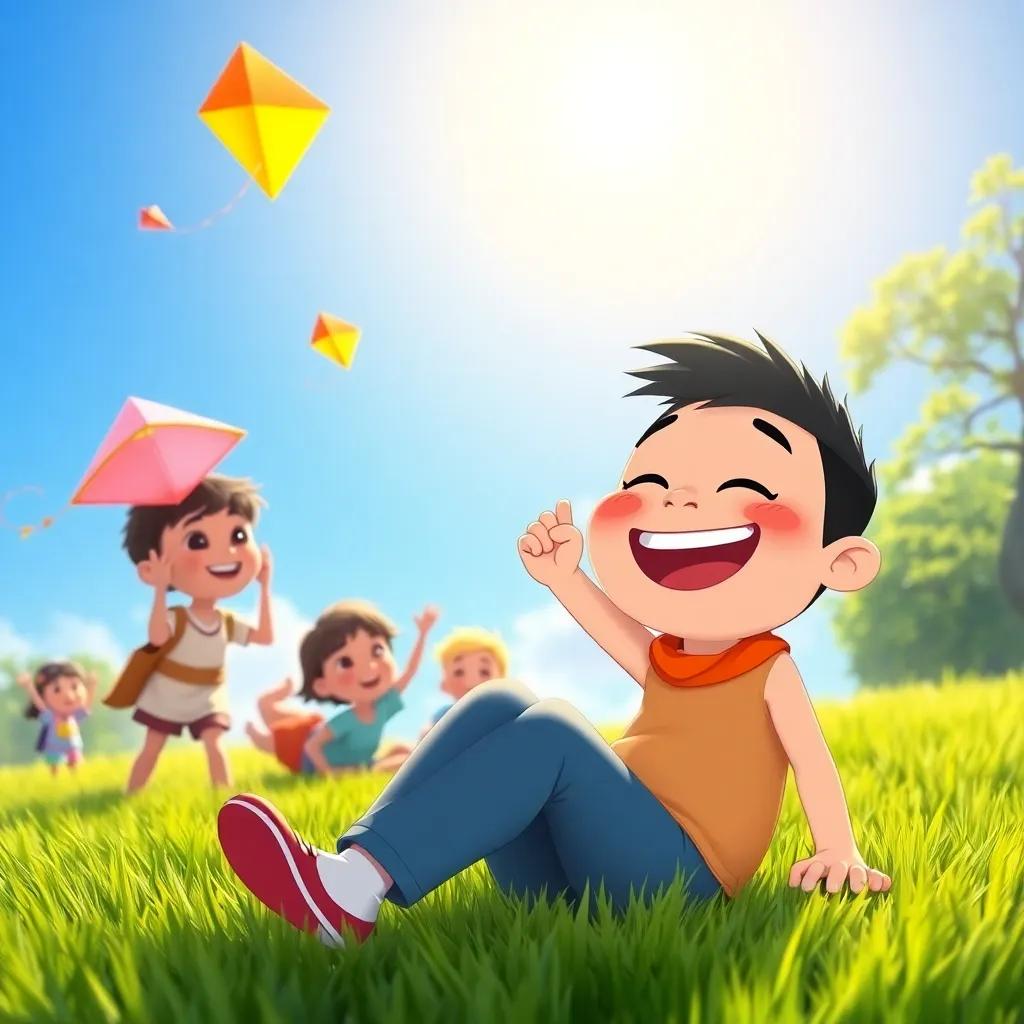 Amoo feeling proud with a big smile, sitting on the grass with kids playing kite flying under a clear blue sky, joyful scene, sunny and bright colors, heartwarming depiction