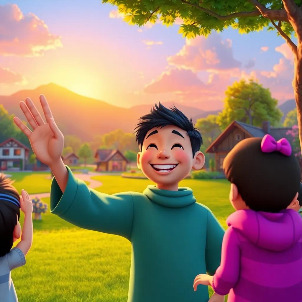 Amoo waving goodbye to the children with a friendly smile, the village park behind him with the sun setting, beautiful landscape, heartwarming scene, vibrant colors