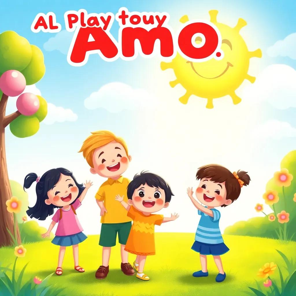 All the children promising to play again with Amoo, with happy faces, bright colors and a smiling sun in the sky, dreamy illustration, cheerful atmosphere