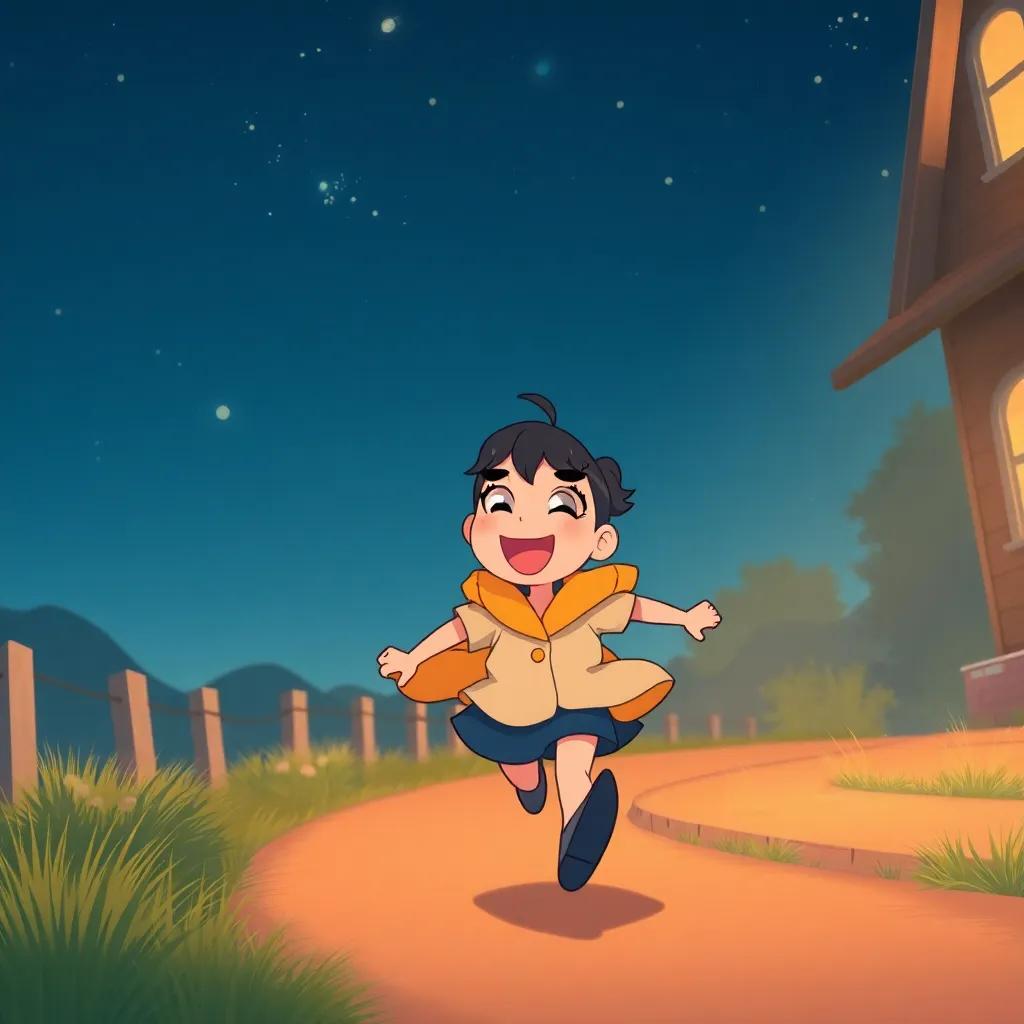 Amoo happily running back home with a joyful spirit, the night sky with stars beginning to twinkle, feeling excited for tomorrow, warm and inviting atmosphere, digital art, high quality