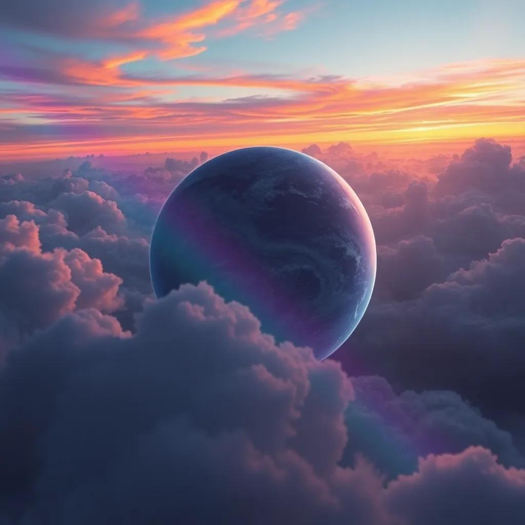 A beautiful planet, Venus, adorned with white clouds and sparkling rainbow colors during sunset, digital painting, dreamy colors, stunning setting, high quality