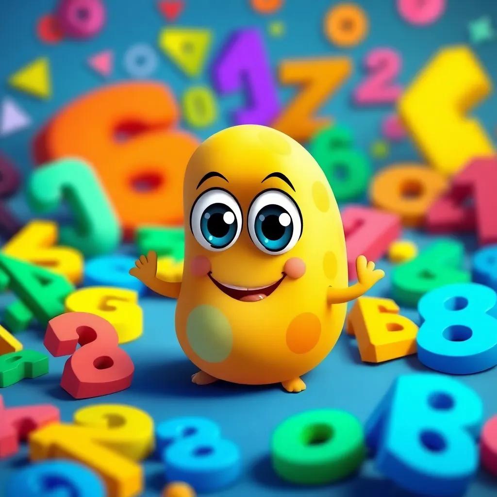 A cheerful logarithm named Logi, a friendly number with big eyes, living in a colorful world of numbers, surrounded by shapes and colorful numbers, digital art, fun and bright, inviting atmosphere, high quality