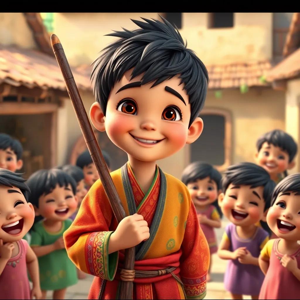 A cheerful young boy, Mhab, with short dark hair, wearing a bright traditional outfit holding a long stick, surrounded by laughing children in a small village square, digital art, joyful, colorful atmosphere, high quality