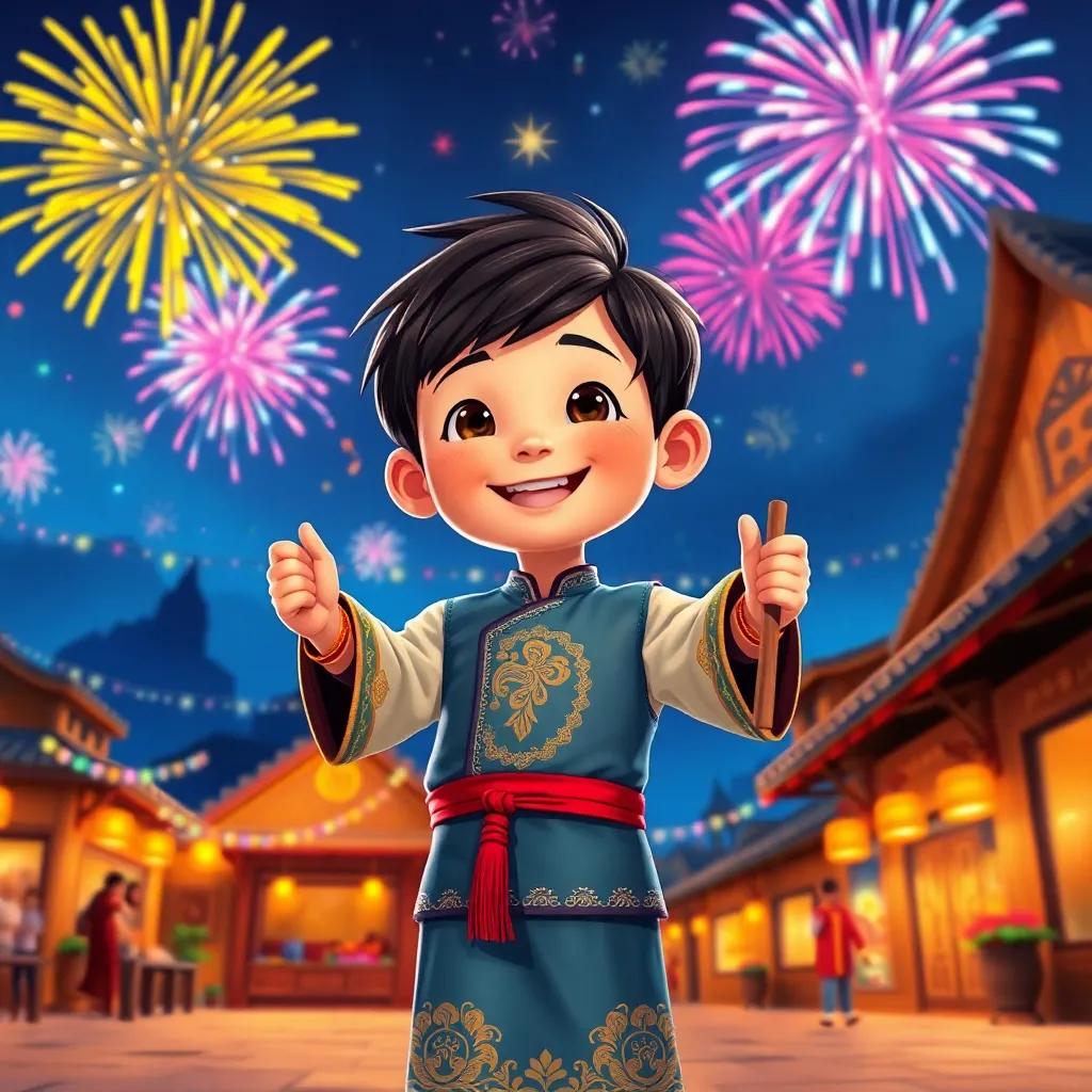Mhab, a cheerful young boy with short dark hair in a bright traditional outfit, standing in the village square holding up a stick, colorful lights and fireworks in the night sky, illustration, magical, vibrant, high quality