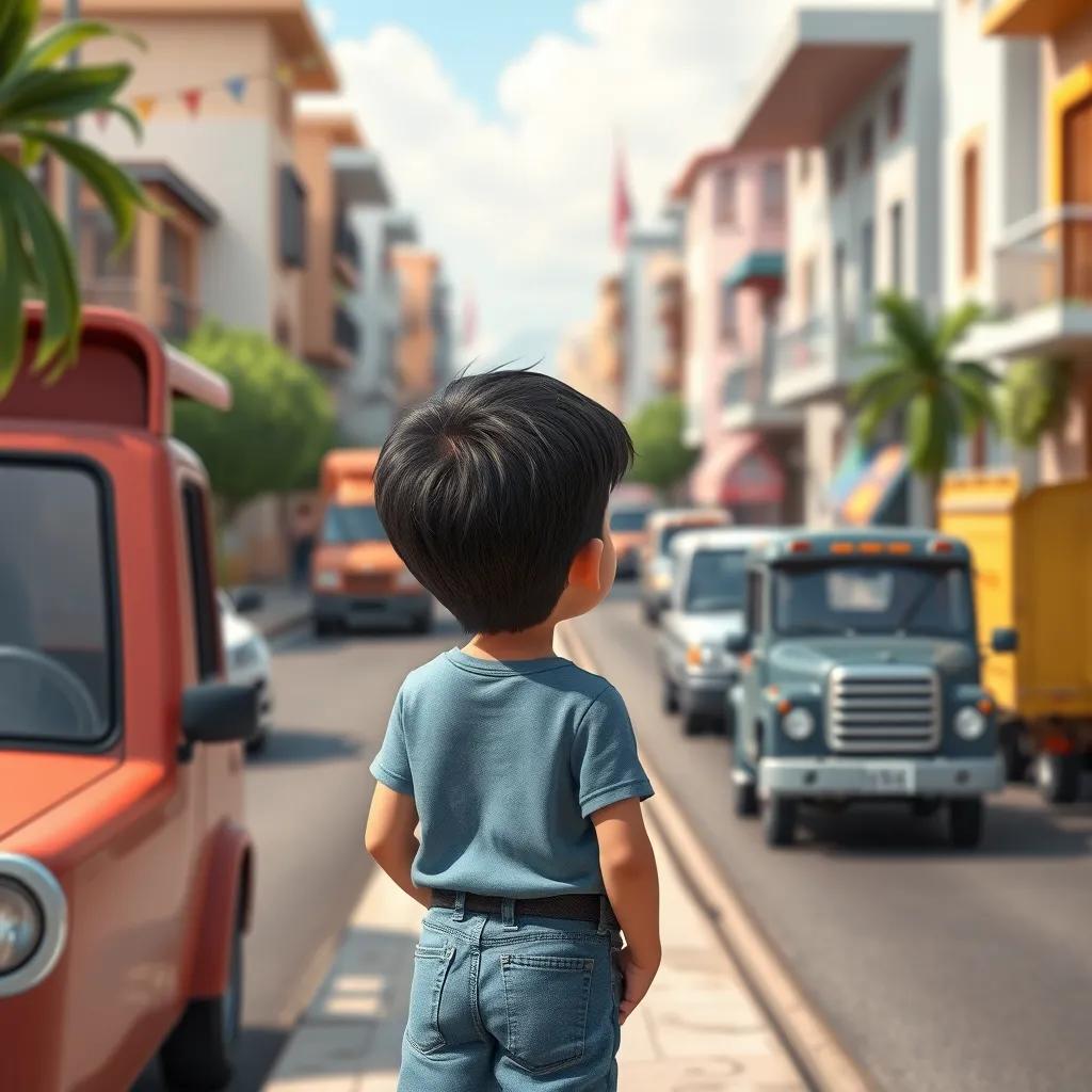 A young Arab boy, Sami, with short black hair, wearing a blue t-shirt and jeans, watching cars and trucks from the sidewalk of a small town, colorful and cheerful, daytime, playful atmosphere, high quality