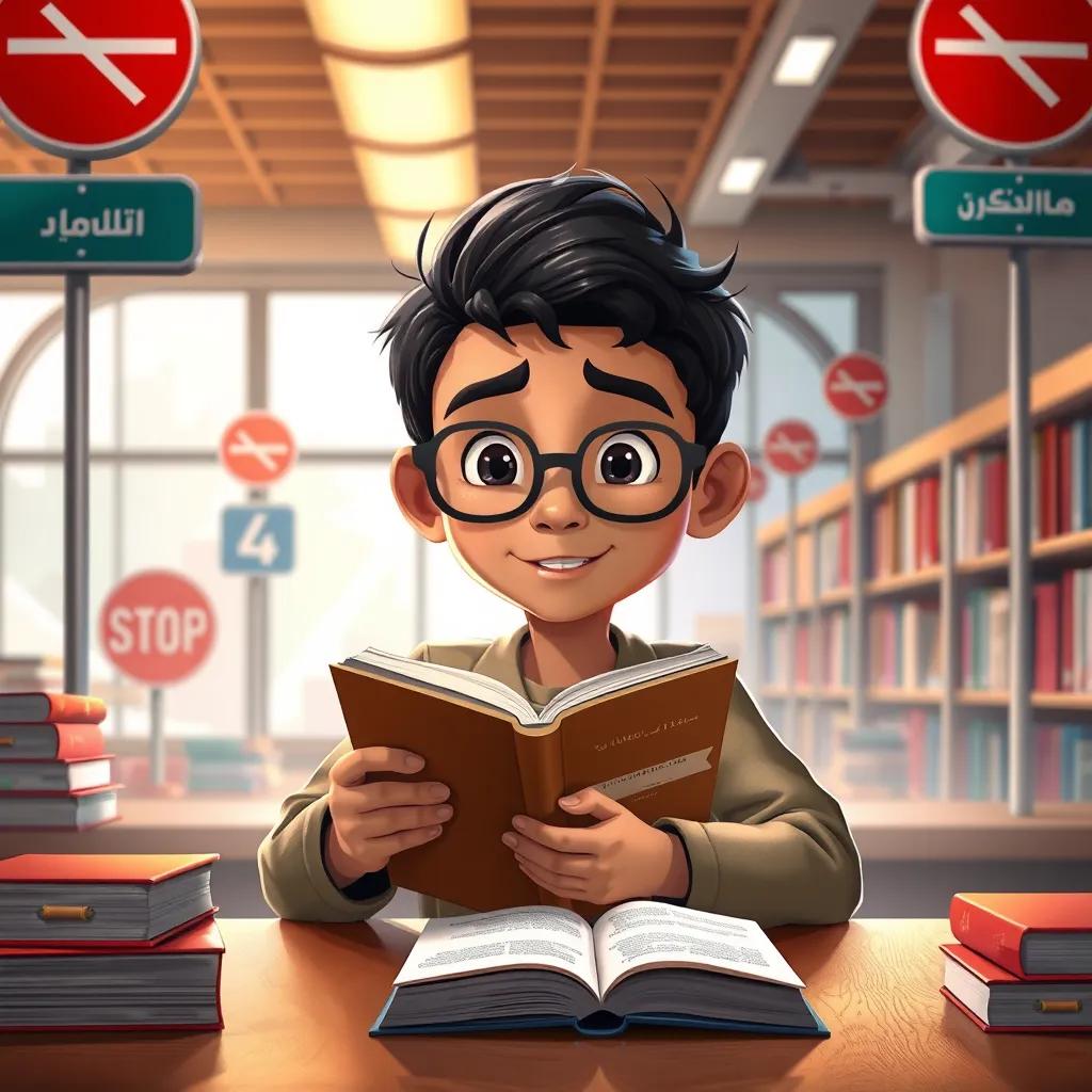 A young Arab boy, Sami, with short black hair, wearing glasses and holding a book, sitting at a library table surrounded by books on traffic signs, bright and inviting, detailed illustration, warm and engaging ambiance