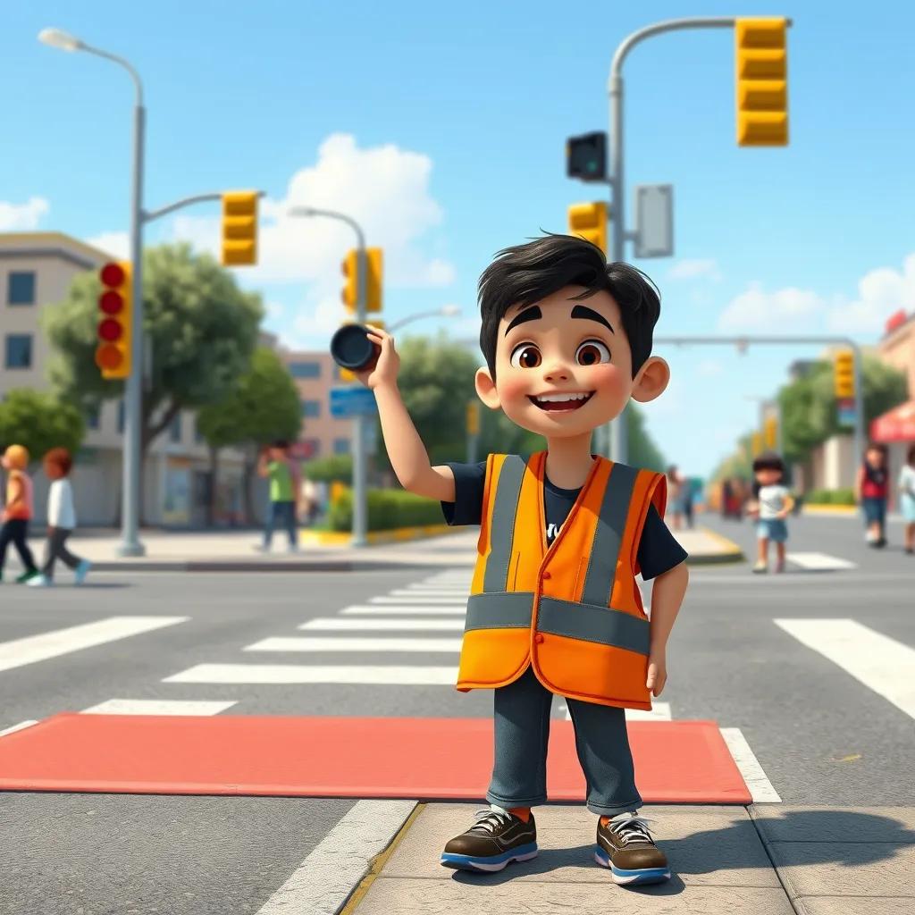 A young Arab boy, Sami, wearing an orange safety vest, standing at a crosswalk, happily guiding children safely across the street with a big smile, vibrant and encouraging, daytime, heartwarming scene