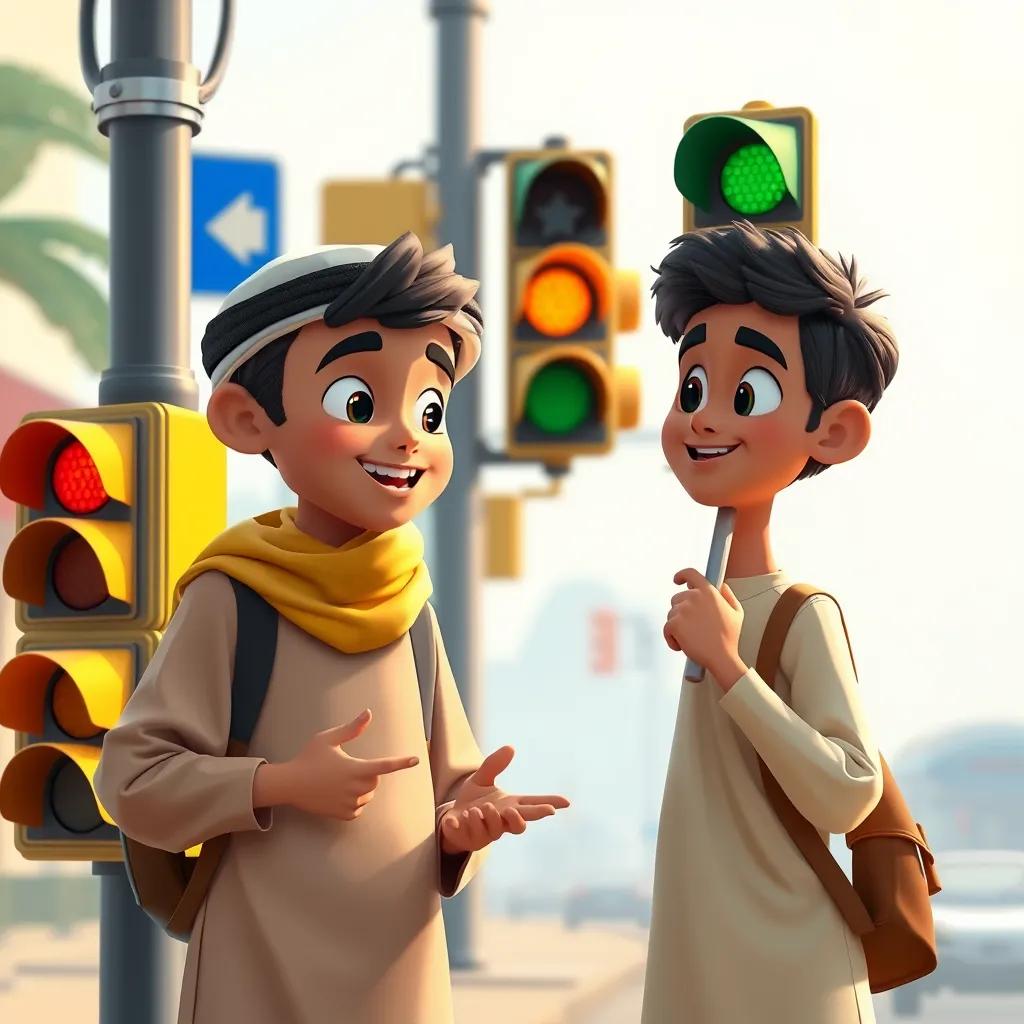 A young Arab boy, Sami, explaining traffic signals to his friend Rami, both of them by the street with traffic lights behind them, colorful and friendly, educational vibe, high quality