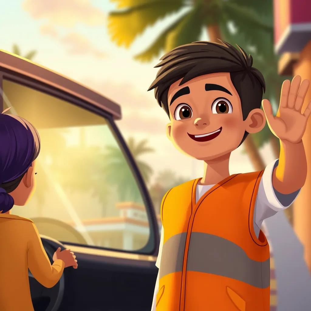 A young Arab boy, Sami, wearing an orange vest, happily waving goodbye to his friends after a day of teaching traffic safety, evening light, uplifting atmosphere, colorful illustration