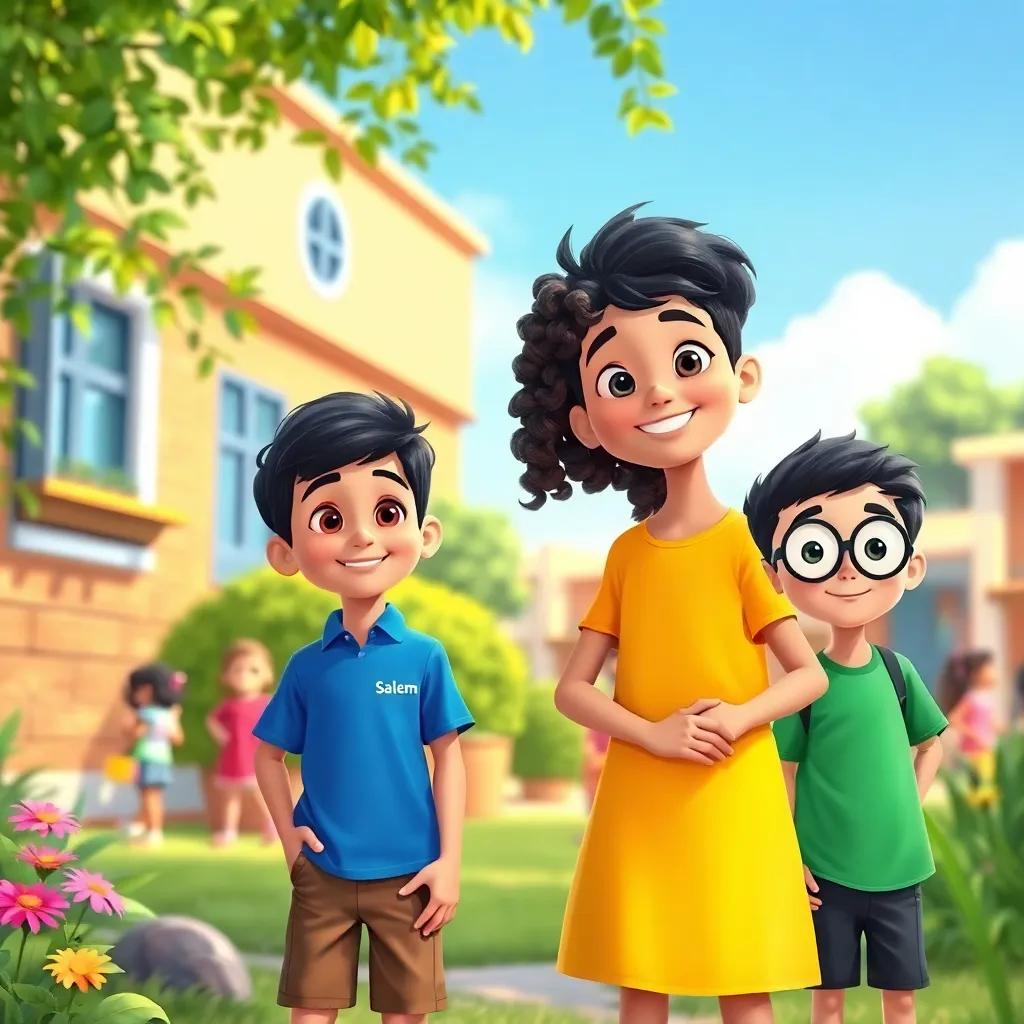 A bright sunny school garden with children gathering around, a boy named Salem with short black hair wearing a blue shirt, a girl named Layla with long curly hair in a yellow dress, and a boy named Rashid with glasses in a green t-shirt, vibrant colors, cheerful, digital art, inviting atmosphere