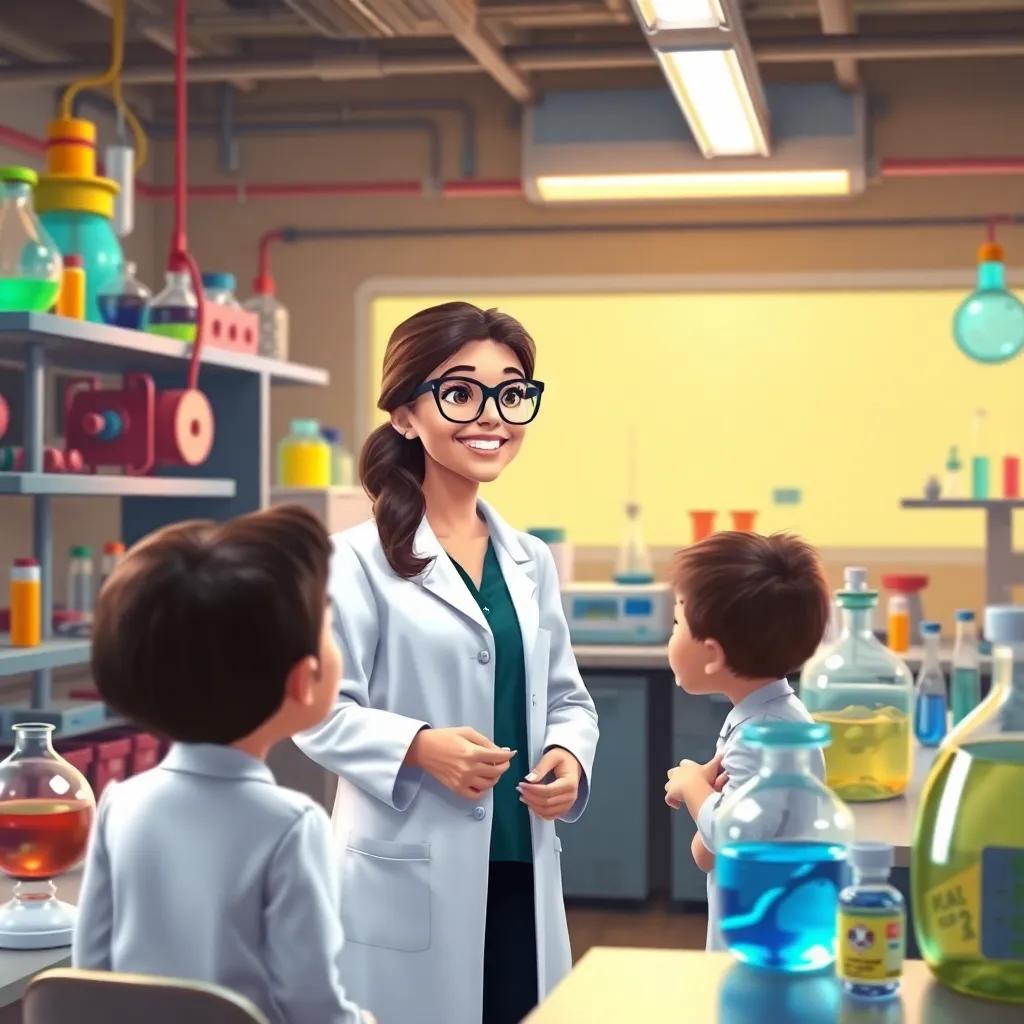 A science lab filled with colorful equipment, with a teacher named Dr. Hala, an Arab woman in her thirties wearing a lab coat and glasses, discussing with students, friendly ambiance, educational, digital painting