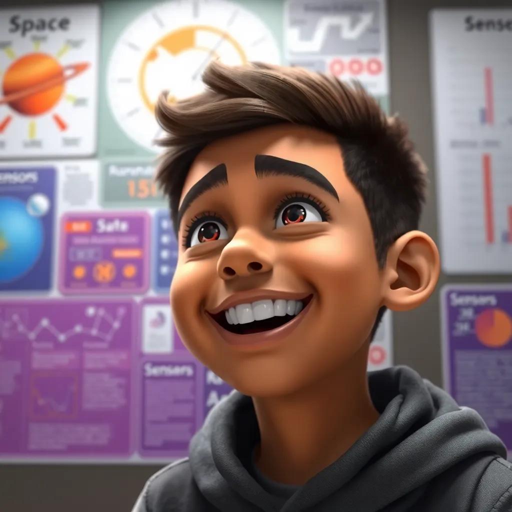 A close-up of a student named Salem enthusiastically sharing facts about sensors, with a radiant smile, detailed background of charts and diagrams about space and sensors, digital art, vibrant