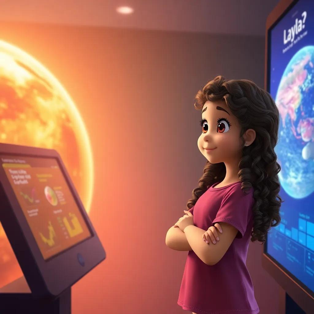 A girl named Layla with long curly hair curiously asking questions, standing next to a large screen displaying planetary data, engaging atmosphere, bright colors