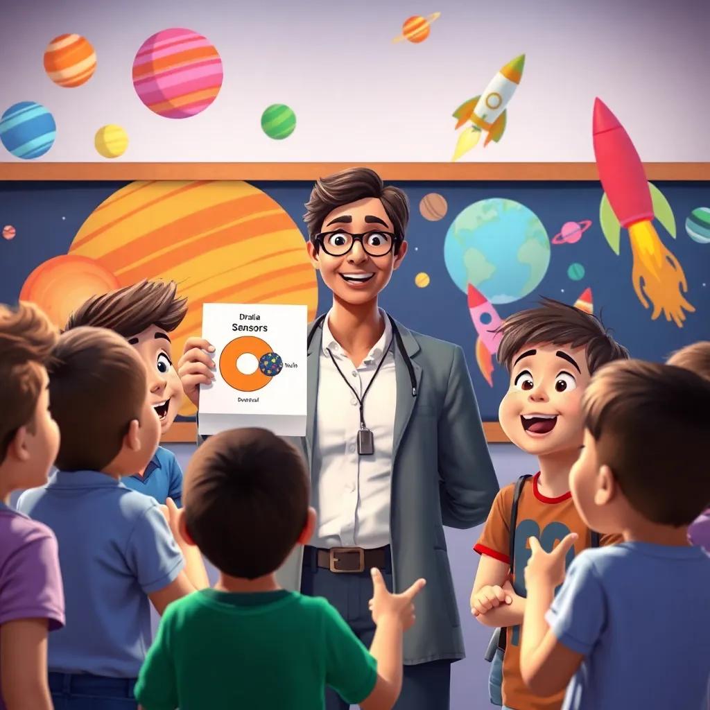 A teacher, Dr. Hala, showing a diagram of how sensors work in space, surrounded by excited children, colorful illustrations of planets and rockets in the background, digital art, effective