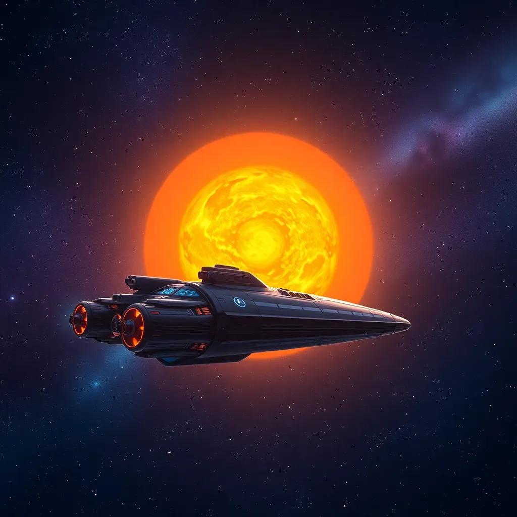 A spaceship in a beautiful space scene with sensors analyzing solar storm data, stars twinkling in the deep background, illustrative style, captivating