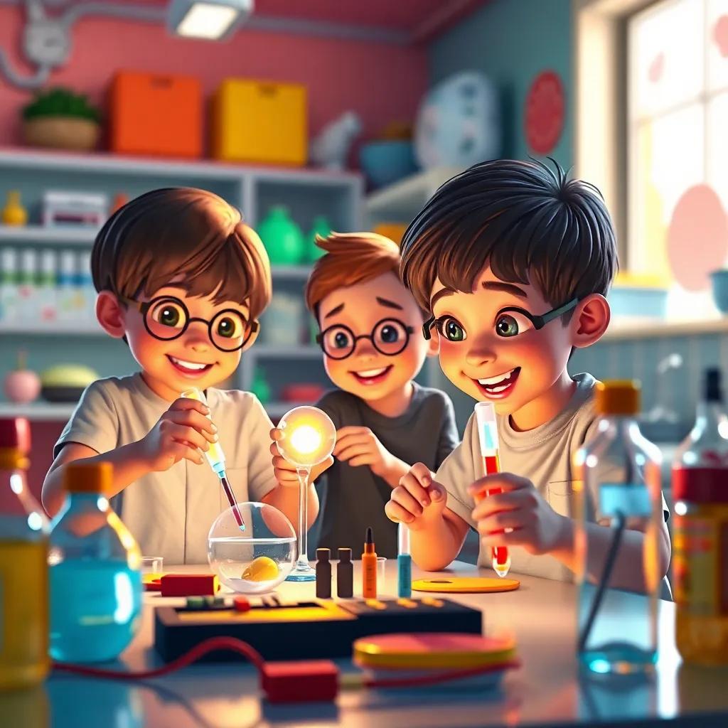 Children in a lab mixing fun experiments with sensors, focusing on light and temperature readings, expression of joy and curiosity, colorful environment, lively