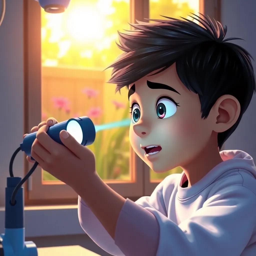 A child named Rashid observing light changes with a sensor, amazed expression, sunny garden outside the lab window, engaging visual, fun