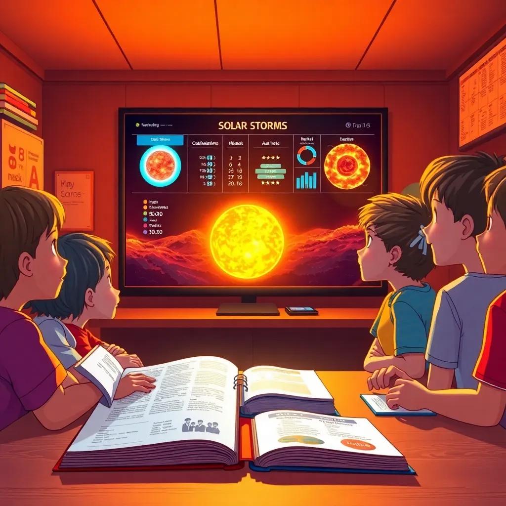 A group of children looking excitedly at a glowing data screen about solar storms, teaching moment with books and charts, warm colors, energetic