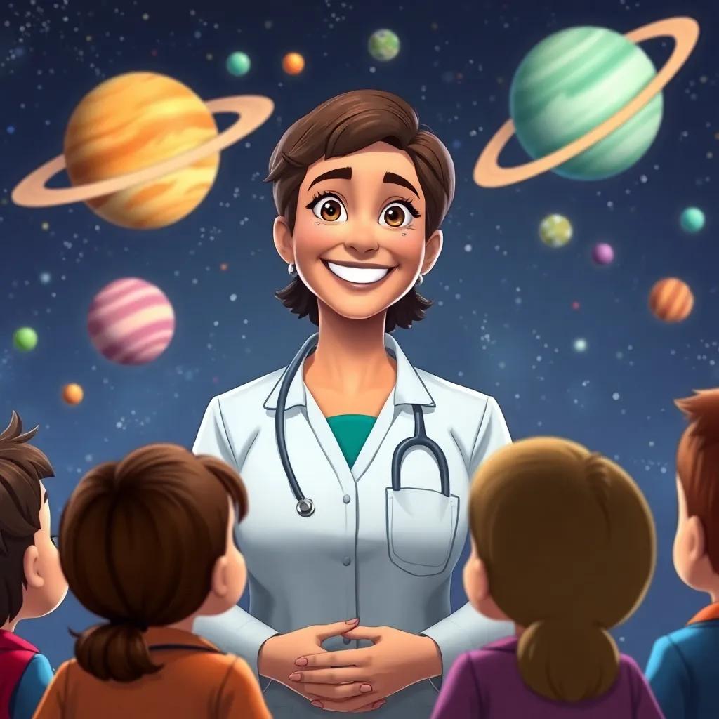 A proud teacher, Dr. Hala, smiling at the children with a backdrop of stars and planets, conveying a sense of inspiration, colorful, heartwarming