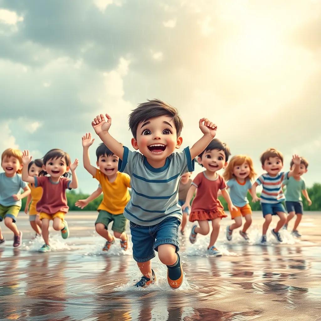 A group of excited children, including a boy named Ali, with bright smiles, dancing in the rain, splashing in puddles, surrounded by a sunny sky transitioning to gray clouds, playful atmosphere, cheerful, high quality