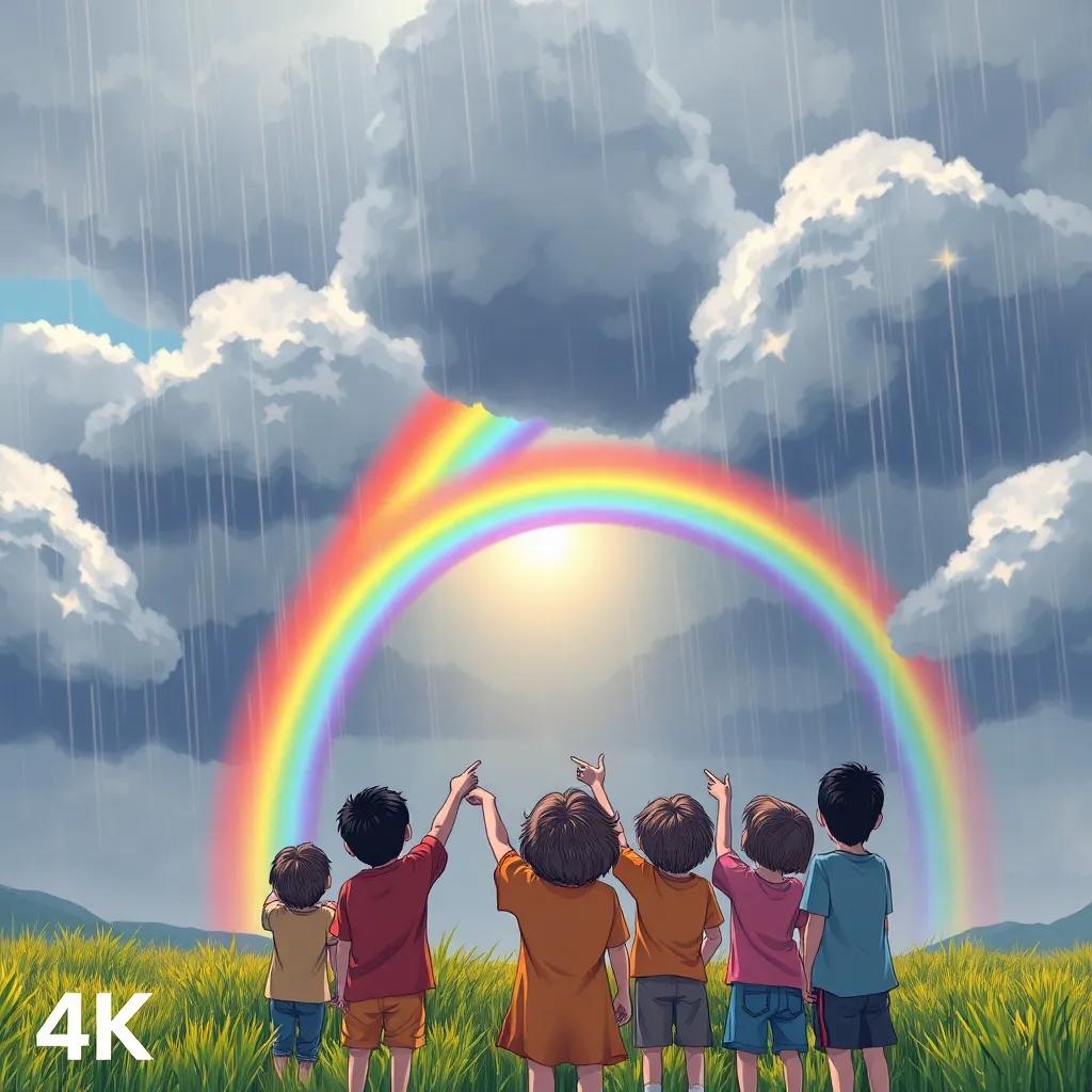A vibrant rainbow emerging from dark clouds with a group of children pointing at it in awe, a sunny background peeking through the rain, colorful, magical, joyful mood, high quality