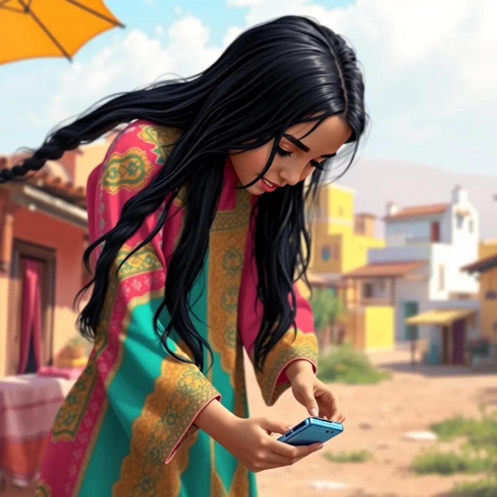 A young Moroccan girl, Lamiya, with long black hair wearing a colorful kaftan, bending down to pick up a shiny gadget in a sunny village with traditional houses, digital art, bright colors, cheerful atmosphere, high quality