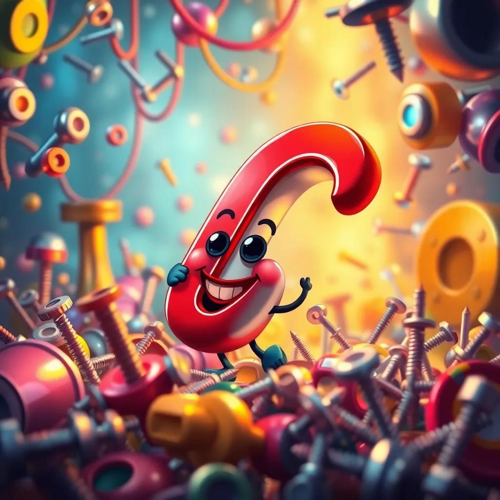 A colorful world filled with metallic objects, a cheerful magnet character, with a big smile and bright colors, interacting with iron pieces and nails, digital art, vibrant, whimsical atmosphere, playful scene, bright lighting, high quality