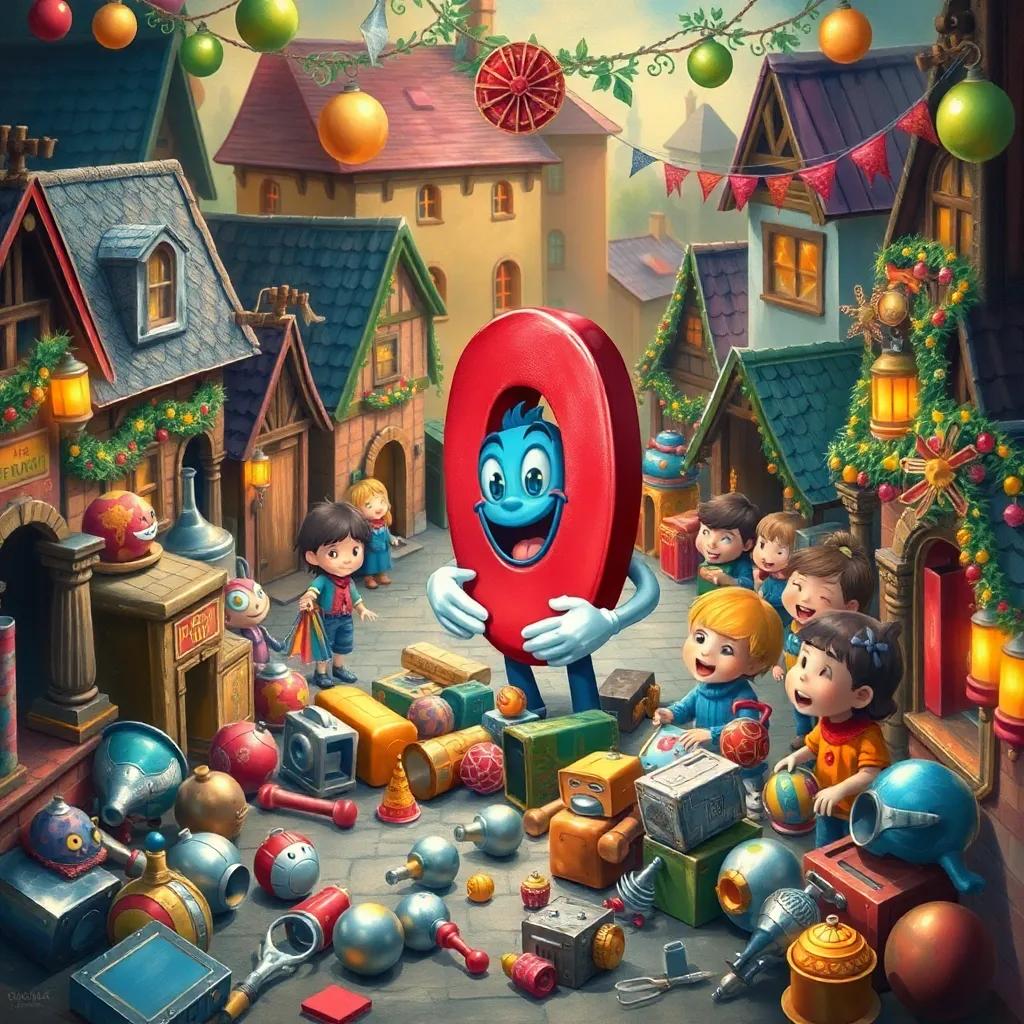 A small town with scattered metallic objects, the magnet character enthusiastically helping children create toys, surrounded by smiling kids and colorful decorations, joyful celebration scene, warm and inviting colors, festive atmosphere, high quality