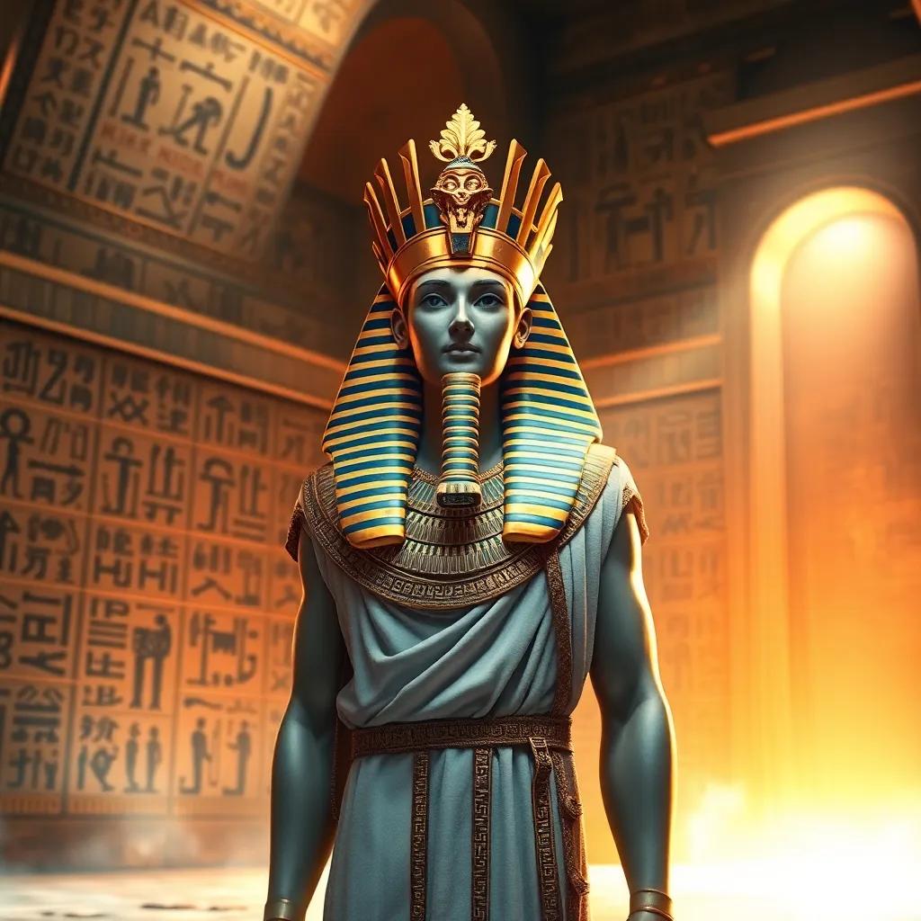 A majestic Egyptian king, Horus, with a golden crown, wearing a decorated linen robe, standing in a grand pyramid room filled with ancient hieroglyphs and a glowing light, digital art, warm colors, mystical atmosphere, high quality