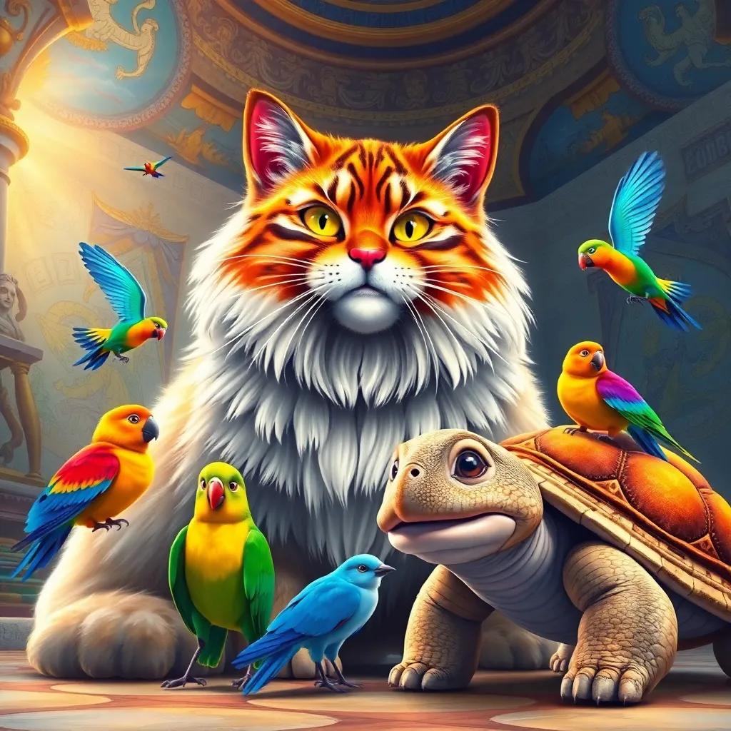 A large regal cat with shining fur, colorful birds fluttering around, and a wise turtle with a friendly smile, gathered together in the mysterious pyramid room with vibrant murals and golden decorations, cheerful illustration, inviting light, vibrant colors