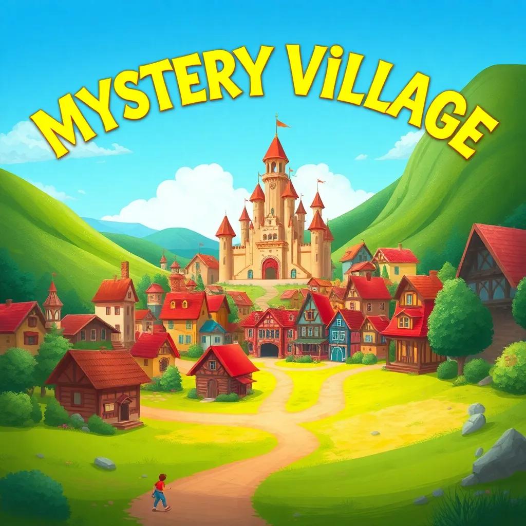 A distant village called Mystery Village, with colorful houses and a tall palace in the center, surrounded by green hills and blue sky, digital art, vibrant colors, inviting atmosphere, high quality